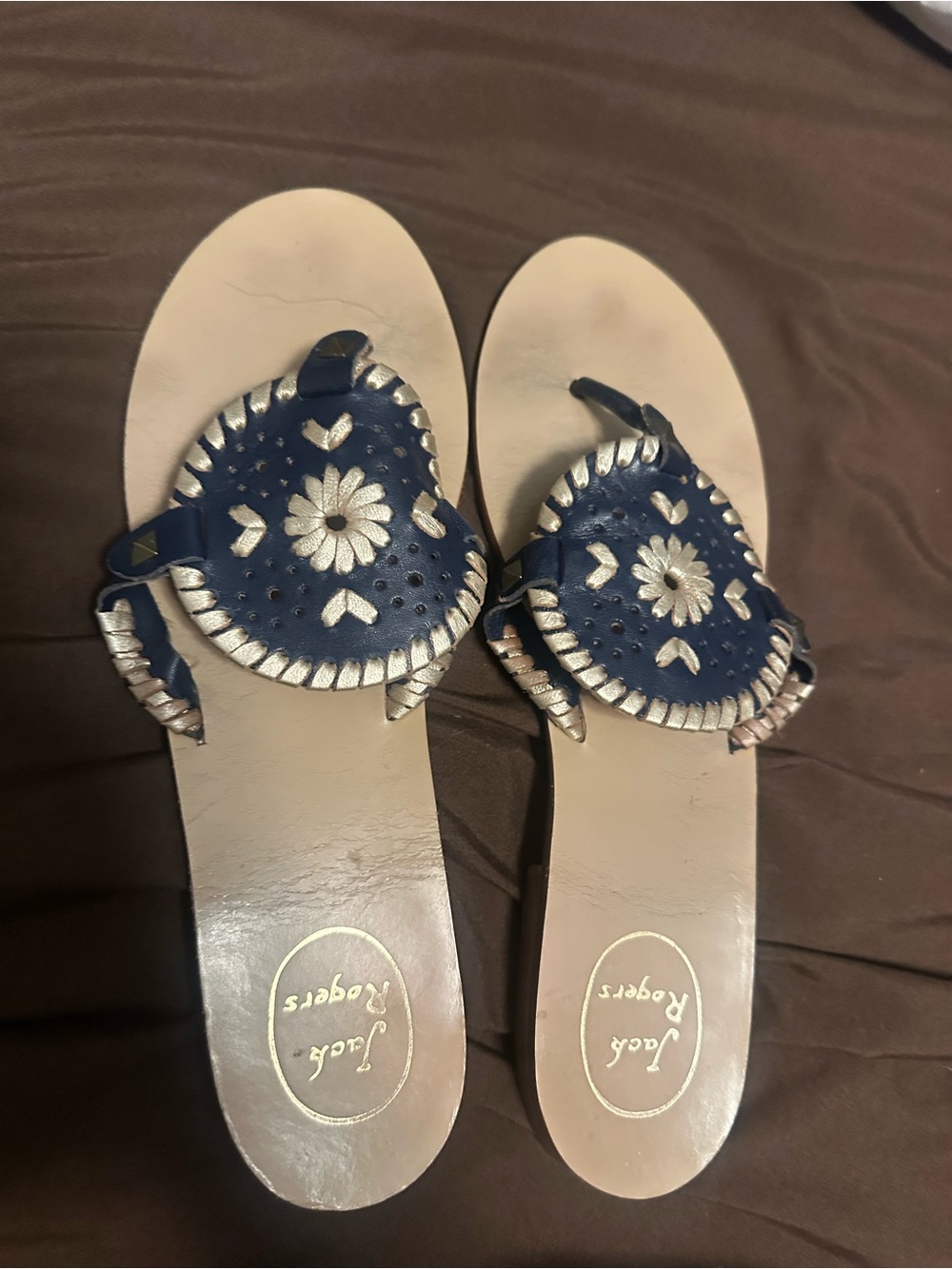 Jack Rogers Navy and Cream Leather Thong Sandals with Floral Medallion